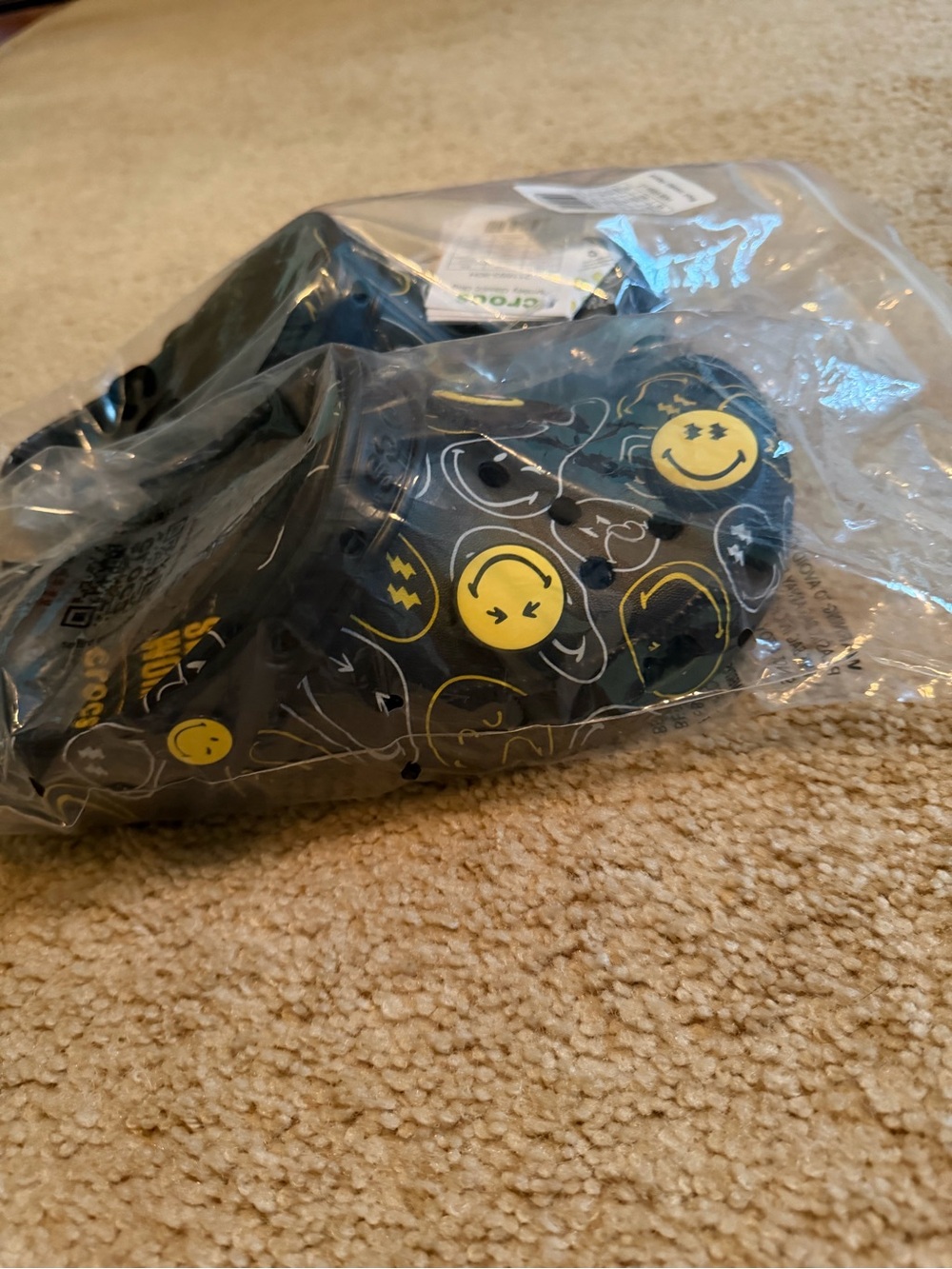 Black Smiley Clog Sandals with Yellow Print